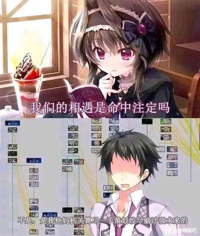 图片为上下两格的动漫风格对比梗图。上格中，紫瞳长发少女坐在窗边，手托下巴阅读紫色封面的书，旁边放着一杯装饰草莓和冰淇淋的饮料，配文“我们的相遇是命中注定吗”，营造浪漫氛围。下格中，黑发少年站在复杂的分支流程图前，表情坚定，配文“不是，是我他妈机关算尽一手策划绞尽脑汁强求来的”，通过浪漫提问与现实回答的强烈反差制造幽默效果。