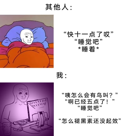 这是一张上下结构的对比类网络梗图，上半部分展示普通人的睡眠状态：卡通化的Wojak脸角色躺在床上，盖着被子，配文显示到晚上十一点就主动准备睡觉，并且很快就能入睡；下半部分展示“我”的睡眠状态：同款Wojak脸角色带着黑眼圈坐在电脑前，配文显示熬夜到凌晨五点，听到鸟叫才惊觉时间已晚，想要睡觉却无法入眠，还在疑惑褪黑素为何没有起效。整张图通过强烈的场景和状态对比，用幽默夸张的方式表现出失眠人群与普通人的睡眠差异，精准戳中失眠群体的痛点，引发共鸣。