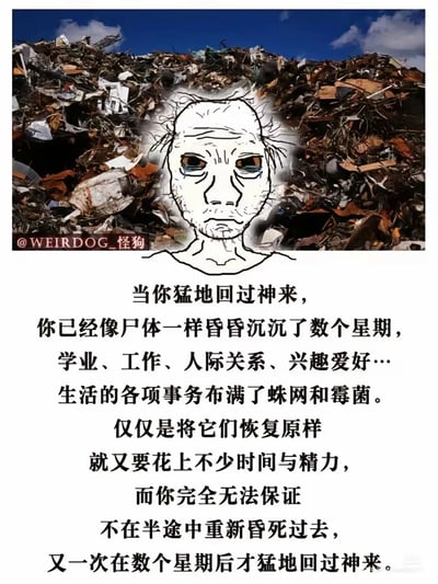 这是一幅由创作者WEIRDOG_怪狗原创的图文合成作品，画面背景是堆积如山的废旧金属与垃圾残骸，直观象征着被荒废、变得一团糟的生活状态；前景是一幅原创的卡通线稿人物，人物面容枯槁、眼窝深陷，眼神空洞疲惫，神情麻木又无力，精准传递出陷入精神怠惰后的萎靡状态。下方的配文则详细描述了这种当代人常有的困境：在浑浑噩噩虚度数周后突然惊醒，发现学业、工作、人际、爱好等生活事务全部陷入混乱，想要整理恢复却又力不从心，还恐惧再次陷入这种昏沉的循环，精准戳中了人们面对精神倦怠时的无力与焦虑，极易引发情绪共鸣。