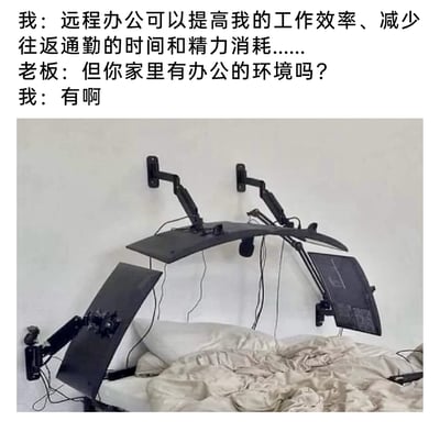 这是一张结合文字对话与实拍场景的职场搞笑梗图，上方文字呈现了员工与老板的对话：员工向老板提议远程办公，阐述其能提升工作效率、减少通勤时间与精力消耗的优势；老板质疑员工家中是否有合适的办公环境，员工给出肯定答复。下方图片展示了员工的“远程办公环境”——在床铺正上方的墙壁安装了多个可调节的黑色显示器支架，将多块显示器悬挂在床的正上方，打造出可以躺在床上办公的场景，用这种极具反差感的设置，调侃部分员工想要远程办公实则追求舒适“摸鱼”的心态，充满职场搞笑趣味。