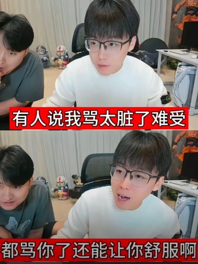 图片为上下两格拼接的直播截图，展示两个男性在房间内的对话场景。上格中穿白色毛衣的男子表情委屈，配文“有人说我骂太脏了难受”；下格中他身旁穿灰色T恤的男子侧头回应，配文“都骂你了还能让你舒服啊”。背景可见窗帘、动漫手办和电脑设备，整体氛围轻松诙谐，通过朋友间的吐槽对话制造笑点。
