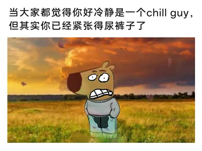 这是一张图文混排的搞笑表情包，上方配有文字“当大家都觉得你好冷静是一个chill guy，但其实你已经紧张得尿裤子了”，下方是一个原创卡通角色，该角色眉头紧皱、牙关紧咬，表情极度慌乱，双手插兜站在黄昏时分的田野背景中，裤子裆部有明显的深色湿痕，直观呈现出紧张到失禁的状态。整张图通过文字与画面的强烈反差，夸张地表现出人们在他人面前强装镇定，实际内心极度慌乱、焦虑的状态，充满了反差感与搞笑效果。