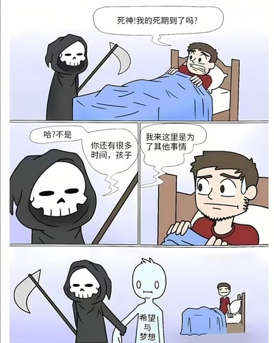 这是一幅三格连环漫画，描绘了死神与一个躺在床上的人的互动。第一格中，床上的人惊恐地问死神："死神!我的死期到了吗?"。第二格中，死神回答："哈?不是 你还有很多时间，孩子"，而床上的人疑惑地说："我来这里是为了其他事情"。第三格揭示了真相，死神正牵着一个标有"希望与梦想"的白色幽灵形象，而床上的人则无奈地看着这一幕。漫画通过反转手法，暗示死神带走的不是人的生命，而是人的希望与梦想，充满了黑色幽默和讽刺意味。