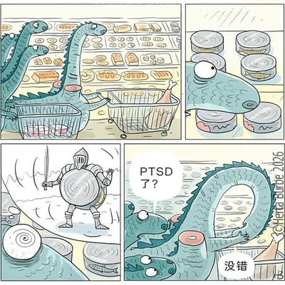 这是一幅四格幽默漫画：第一格，多头巨龙推着购物车在超市内采购，其中一个巨龙的购物车里放着一根鸡腿；第二格，这个巨龙的视线聚焦在超市的罐头商品上，罐头的圆形外观让它的眼神逐渐变得恍惚；第三格，在这个巨龙的幻觉中，罐头变成了举着剑盾、摆出战斗姿态的骑士，还原了传说中巨龙与骑士敌对的经典场景；第四格，其他的龙头向它询问“PTSD了？”，它给出了肯定的回答。漫画利用罐头和骑士盾甲的相似外形，结合巨龙与骑士的古老敌对设定，将创伤后应激障碍（PTSD）的概念融入现代日常场景，制造出荒诞又搞笑的效果。