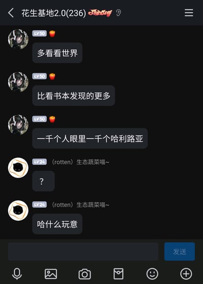 这是一张竖屏格式的即时通讯群聊记录截图，群名称为“花生基地2.0(236)”。群内一位LV50、头像为动漫女性形象的用户先后发送“多看看世界”“比看书本发现的更多”两条消息，随后玩起谐音梗，将文学界名言“一千个读者眼里有一千个哈姆雷特”改编为“一千个人眼里一千个哈利路亚”；另一位LV24、头像是面包上黑猫的用户“(rotten)生态蔬菜喵~”对此感到困惑，发送问号和“哈什么玩意”来表达不解，整体呈现出群聊里轻松无厘头的趣味互动日常。