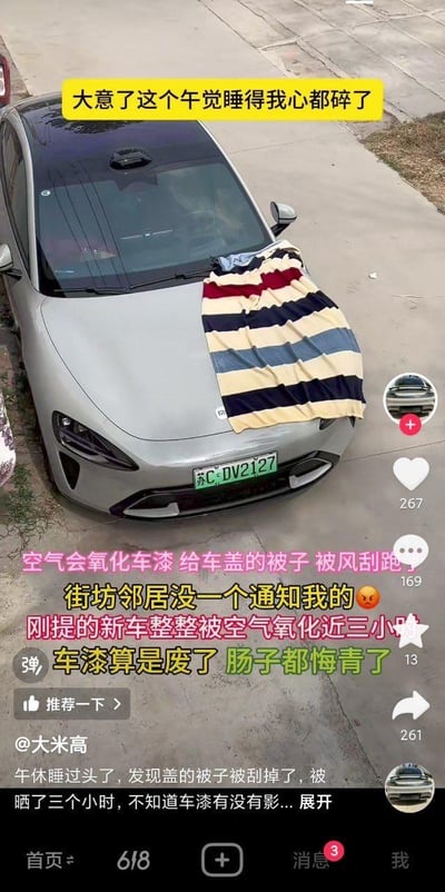 一张社交媒体截图，展示一辆银色新车停在路边，车盖上原本覆盖的条纹毯子被风吹走。图片上方有黄色醒目文字'大意了这个午觉睡得我心都碎了'，下方粉色和绿色文字详细描述：因午睡睡过头，给车盖防晒的被子被风刮跑，新车被空气氧化近三小时，车漆受损，车主懊悔表示'肠子都悔青了'。截图右侧显示点赞(267)、评论(169)、分享(261)等互动数据，底部有作者@大米高的发布信息。