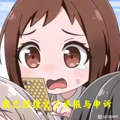 一张动漫风格的图片，展示了一个棕色头发的女孩，她有着大大的棕色眼睛，眼中含着泪水，表情显得非常委屈和伤心。女孩正拿着一部带有圆点图案的手机，似乎在展示什么内容。图片底部有黄色文字："我已经提交了举报与申诉"，表明这可能与某种投诉或申诉场景相关。