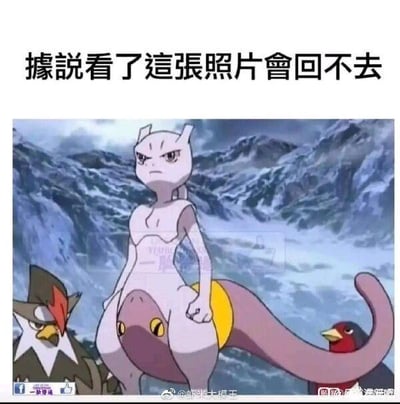 这是一张基于宝可梦IP的二次创作恶搞P图，创作者将宝可梦角色超梦的上半身，与另一只宝可梦的身体部分拼接在一起，搭配左侧的勇士雄鹰、右下角的信使鸟，在雪山背景下形成了荒诞怪异的画面。图片上方配有繁体文字‘據說看了這張照片會回不去’，利用身体拼接的视觉错位制造出‘毁童年’的搞笑效果，让观众看完后难以再用正常视角看待原版超梦的形象，属于典型的二次元恶搞梗图。