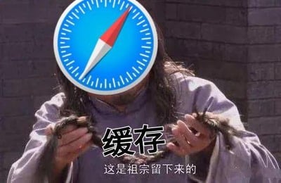 这是一张改编自影视剧截图的搞笑梗图，图中电视剧《神医喜来乐》的人物脸部被Safari浏览器的指南针图标遮挡，双手拿着类似辫子的物品，画面配有醒目的「缓存」二字，下方标注原剧台词「这是祖宗留下来的」。
该图玩了双关梗：将Safari浏览器中难以清理、长期积累的缓存戏称为「祖宗留下来的」，调侃缓存占用空间大、清理困难的问题，借用原剧「祖传宝贝」的经典场景，让吐槽更具趣味性和传播性。