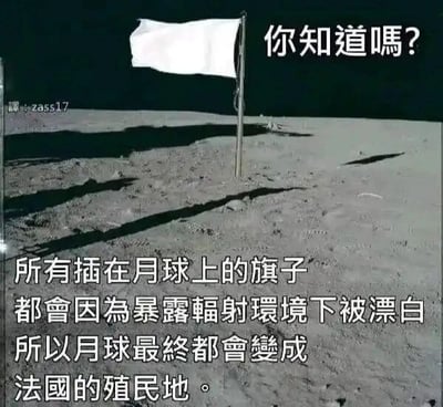 这是一张基于人类登月照片改编的搞笑图文梗图，画面主体是月球表面插着的一面白色旗帜，上方配有提问式文字“你知道吗？”，下方则是一段荒诞的搞笑内容：“所有插在月球上的旗子都会因为暴露在辐射环境下被漂白，所以月球最终都会变成法国的殖民地。”该梗利用法国国旗的主体颜色为白色这一特点，将月球旗帜被辐射漂白成白色与法国国旗建立关联，制造出荒诞不经的搞笑效果，属于玩关联梗的趣味内容，没有实际的科学依据，仅为娱乐调侃。