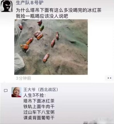 这是一张社交媒体平台的动态截图，上方是用户“生产队8号驴”发布的内容：配文询问“为什么塔吊下面有这么多没喝完的冰红茶 我捡一瓶喝应该没人说吧”，并附带一张地面散落多瓶未喝完的冰红茶的实拍照片；下方是用户“王大爷（西北战区）”的评论，列出“人生3不捡：塔吊下面冰红茶、铁轨上面牛肉干、过山车下八宝粥、课桌背面葡萄干”。
该内容以幽默调侃的方式，点明这些物品不能捡的潜在原因：塔吊下的冰红茶可能是高空作业者丢弃，存在高空坠落关联风险，也可能用于测试落点；铁轨上的牛肉干可能是不法分子设置的盗窃陷阱；过山车下的八宝粥是游客掉落的，既不卫生也伴随高空坠落隐患；“课桌背面葡萄干”是对鼻屎的戏称，极度不卫生。
