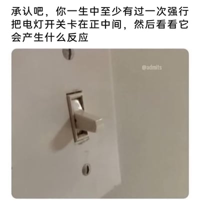 这是一张引发生活共鸣的图文内容，上方配有文字“承认吧，你一生中至少有过一次强行把电灯开关卡在正中间，然后看看它会产生什么反应”，下方实拍了一个被强行卡在开、关档位之间的拨动式电灯开关。内容通过描述大多数人都有过的对日常小物品的好奇尝试行为，唤起受众的共鸣，这种调皮的小举动是很多人成长过程中都做过的，充满了日常趣味。