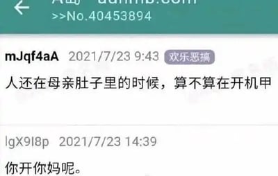 这是一张A岛匿名论坛的帖子截图，2021年7月23日，用户mJqf4aA发布了标注“欢乐恶搞”的脑洞提问：“人还在母亲肚子里的时候，算不算在开机甲”，将胎儿在母体的状态类比为“开机甲”，充满趣味脑洞；另一位用户lgX9l8p则利用谐音梗回复“你开你妈呢”，既回应了提问中的“母亲”和“开机甲”的元素，又用粗俗的谐音形成搞笑的反差效果，是典型的网络社区趣味互动内容。对于提问的回答：胎儿在母体中是处于孕育状态，和“开机甲”没有关联，这只是一个脑洞恶搞的趣味提问，从现实角度来说当然不算。