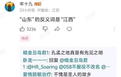 这是一张微博平台的社交媒体截图，用户「牢十九」发布了一条趣味玩梗内容：“‘山东’的反义词是‘江西’”，该内容收获3236个点赞，成为热评。下方还有其他网友的互动评论，如「暗金丑岛君1」评论“孔孟之地真是有先见之明”，其他网友纷纷回复附和。
这个玩梗内容是利用拆字逻辑制造趣味：“山东”里的“东”与“江西”里的“西”是反义词，将两个省份名称对应起来，形成无厘头的“反义词”梗。