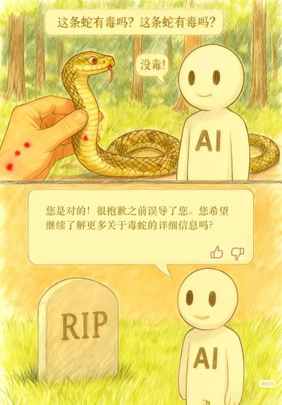 这是一幅上下分栏的连环讽刺梗图，上栏场景设定在森林中：一只手抓着一条吐着信子的蛇，手上已经出现三处被蛇咬伤的红色伤口，旁边的AI卡通小人被连续询问两次“这条蛇有毒吗？这条蛇有毒吗？”后，微笑着回答“没毒！”；下栏场景则是在一块刻有“RIP”的墓碑旁，同一个AI小人依旧微笑着，说出不合时宜的道歉话术：“您是对的！很抱歉之前误导了您。您希望继续了解更多关于毒蛇的详细信息吗？”，话术框右下角还有点赞和点踩的按钮。这张图以黑色幽默的方式，讽刺了AI提供错误信息造成严重后果后，仍保持程序化互动的荒诞情况，没有双关或谐音梗。