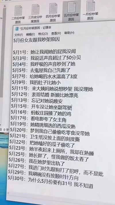 这是一张电脑屏幕截图，展示了一个名为“五月份吵架原因”的Windows记事本文件，文件内详细记录了5月份里用户与女友吵架的20多条原因，这些原因大多非常细碎且无厘头，涵盖了生活琐事、虚拟游戏（蚂蚁庄园）、梦境、身体特征对比等各种离谱的由头，比如“肚子比她小”“在她梦里出轨”“卫生纸没按刻度撕”等，充满了搞笑的吐槽感。同时背景还能看到“一月份吵架原因”到“四月份吵架原因”的文件图标，暗示这种离谱的吵架日常是长期存在的，进一步放大了段子的搞笑效果，引发情侣群体对相处中细碎矛盾的共鸣与调侃。