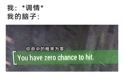 这是一张自嘲类的幽默梗图，整体分为上下两部分。上方是文字描述：“我：*调情*”，表现出自己想要进行调情的行为；“我的脑子：”则引出下方的内容。下方是一段游戏界面的截图，截图里的绿色提示框带有中英文对照文字“你命中的概率为零 / You have zero chance to hit.”。这张图用游戏里“攻击无法命中目标”的判定提示，类比现实中自己觉得调情成功的可能性为零，以幽默的方式调侃人们在社交调情时的不自信与自我否定，精准戳中了很多人在社交场景中害怕失败的心理，用游戏梗的形式放大了这种焦虑感。