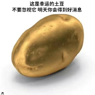 这是一张带有美好祈福寓意的网络梗图，画面主体是一个被制作成金色的3D渲染土豆，在图片的上方配有两行中文文字：“这是幸运的土豆 不要忽视它 明天你会得到好消息”。该图通过将常见的普通土豆赋予金色外观和幸运属性，以轻松趣味的方式向观看者传递好运将至的美好期许，属于网络上流行的祈福类轻内容，常被用于社交互动中为他人或自己送上心理慰藉与对好事的期待。