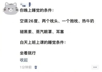 这张图片用鲜明对比的方式，非常真实地还原了现代人晚上需要为好好入睡精心准备的各种条件，而白天上班或上课时，想困只需要一个椅子。经典地讽刺了打工人、学生党夜晚难以入眠、白天却随时犯困的尴尬现实。段落式的短句配合网络用语，生动又具共鸣感。