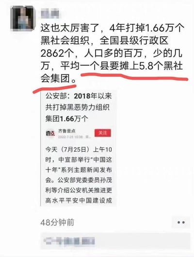 这是一张社交媒体平台的截图，上方是网友发布的评论内容，网友结合公安部公布的2018年以来打掉1.66万个黑恶势力组织集团的数据，以及全国县级行政区数量，计算得出平均一个县要摊上5.8个黑社会集团；下方是齐鲁壹点发布的官方新闻截图，内容为2022年7月25日中宣部“中国这十年”系列主题新闻发布会上，公安部介绍相关扫黑除恶成果。整体是网友对官方扫黑除恶数据的直观计算与感慨，无谐音梗、双关或暗示内容。