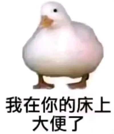 这是一张用于整蛊搞怪的网络表情包，画面主体是一只圆滚滚的白色鸭子，它站立着，表情看起来有些无辜，与下方的文字形成强烈反差感。图片下方配有黑色简体中文文字“我在你的床上大便了”，用恶作剧式的离谱内容制造出滑稽、欠揍的搞笑效果，适合在和朋友的日常互动中发送，用来营造整蛊、趣味的氛围，没有双关或谐音梗，单纯以恶搞的内容博人发笑。