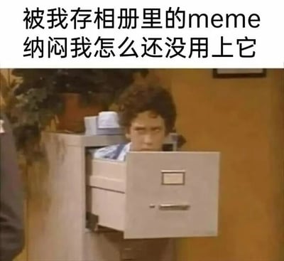 图片上方配有文字“被我存相册里的meme 纳闷我怎么还没用上它”，下方是《办公室》(The Office)美剧中的经典场景截图：角色Jim从文件柜抽屉里探出头，表情困惑又带着一丝期待，仿佛在代表那些被用户存储却迟迟未使用的meme表达疑惑。整体通过角色的表情与文字结合，幽默地展现了用户囤积meme却找不到使用时机的日常状态。