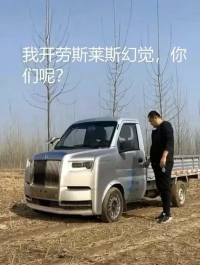 图片中一名男子站在一辆银色小货车旁，背景是一片荒地和几棵光秃秃的树。图片上方配有文字“我开劳斯莱斯幻觉，你们呢？”，形成强烈反差幽默效果。男子穿着黑色上衣和黑色裤子，正准备打开货车车门，表情平静自然。