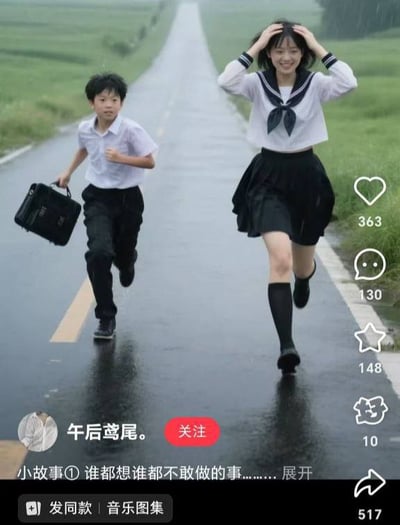 图片展示了在雨中的乡间道路上，一名穿着白色衬衫和黑色长裤的男孩提着黑色公文包奔跑，旁边是一名穿着水手服（白色上衣、黑色短裙、黑色长袜）的女孩，双手扶着头微笑奔跑。道路两侧是绿色的田野，路面因雨水显得湿润。图片右侧有社交媒体互动图标及数据：爱心363、评论130、星星148、分享10。底部显示用户“午后鸢尾。”及文字“小故事① 谁都想谁都不敢做的事………展开”，整体呈现青春活力的氛围。
