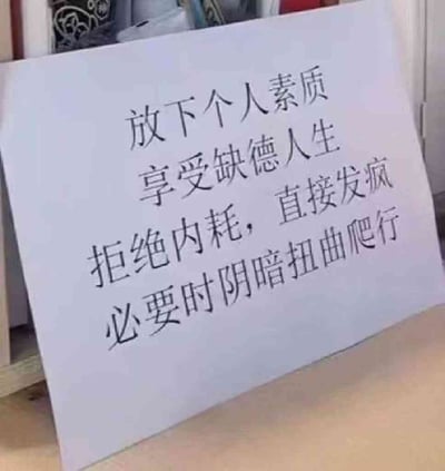 图片中是一张白色纸张，上面用黑色手写体写着四行文字：“放下个人素质 享受缺德人生 拒绝内耗，直接发疯 必要时阴暗扭曲爬行”。文字内容以夸张、自嘲的方式表达了对摆脱过度自我约束、拒绝精神内耗、进行情绪宣泄的态度，整体风格幽默诙谐，反映了当下部分年轻人面对压力时的一种戏谑式心理调节方式。
