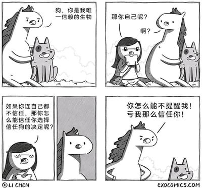 这是一组四格黑白卡通漫画，讲述了一个充满逻辑反转与荒诞搞笑的故事：第一格中，马坐在草地上，对着身边的狗感慨“狗，你是我唯一信赖的生物”；第二格中，戴眼镜的女生出现，向马提问“那你自己呢？”，马露出疑惑的表情反问“啊？”；第三格中，女生认真地向马抛出逻辑问题：“如果你连自己都不信任，那你怎么能信任你选择信任狗的决定呢？”，马露出若有所思的表情；第四格中，马突然愤怒地对着狗大喊：“你怎么能不提醒我！亏我那么信任你！”，狗则露出委屈无奈的表情。漫画通过马完全不讲逻辑、迁怒于人的行为，制造出强烈的搞笑反差，讽刺了那些自身不讲道理却盲目迁怒他人的人。