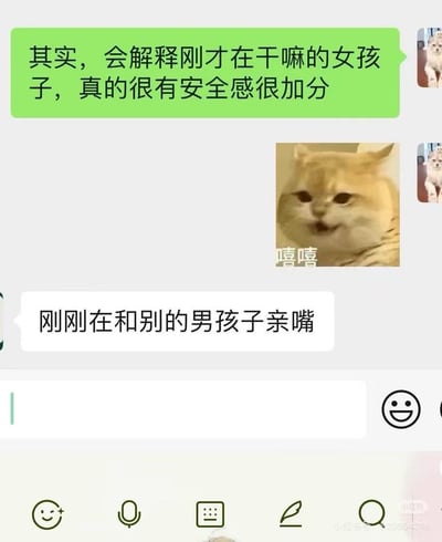 这是一张社交媒体聊天记录截图，采用竖屏手机格式。顶部绿色气泡消息写道“其实，会解释刚才在干嘛的女孩子，真的很有安全感很加分”，表达对主动解释行为的赞赏。中间插入一张橘猫咧嘴笑的 meme 图片，下方配有“嘻嘻”文字，增强俏皮感。紧接着白色气泡回复“刚刚在和别的男孩子亲嘴”，形成强烈反差，通过一本正经的赞赏与出乎意料的“诚实”回答制造幽默效果，整体风格轻松搞笑。