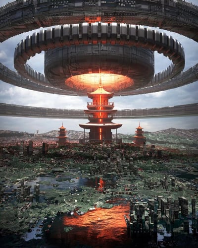 这幅图像展现了一个震撼的科幻场景，画面中央是一座巨大的悬浮环形建筑，呈现出强烈的未来科技感。建筑下方有一道明亮的橙色光束连接到地面上的传统多层宝塔，形成鲜明的视觉对比。背景中可以看到多座类似的宝塔分布在 landscape 上，周围环绕着现代化的城市景观和自然元素。整个画面融合了东方传统建筑美学与未来主义科幻元素，创造出一种时空交错的奇幻氛围。天空中云层密布，为整个场景增添了一丝神秘感。