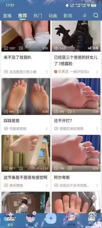 这是哔哩哔哩（B站）手机客户端首页推荐栏的竖屏截图，页面顶部设有「直播、推荐、热门、动画、影视」的导航标签，当前处于「推荐」页面。推荐列表中展示了8个视频，其中6个视频的封面为脚部特写，视频标题多为吸引眼球的风格，如「踩踩居居」「这节奏是不是很有感觉啊」「阿尔卑斯」等，另有一个封面为蝙蝠侠形象的视频，标题为「已经是三个爸爸的好女儿了7感露脸」，还有一个为人物背影的视频。每个视频下方标注了播放量、时长以及UP主名称，播放量从几百到几千不等。页面底部是B站的标准底部导航栏，包含「首页、动态、会员购、我的」选项，中间还有一个加号发布按钮。整体页面呈现出算法集中推送同类型脚部相关视频的状态，风格偏向猎奇吸睛。