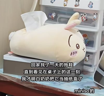 图片中展示了一个被改造成抽纸盒的兔子造型玩偶，玩偶为米白色，有着粉色的耳朵内侧和脸颊红晕，表情呆萌可爱。一只纸巾从玩偶背部伸出，形成了有趣的视觉效果。背景中可以看到带有卡通贴纸的透明收纳柜，整体场景温馨又充满生活气息。配文讲述了一个搞笑故事：主人找了一天的拖鞋，最后发现奶奶把兔子玩偶当成了抽纸盒使用。