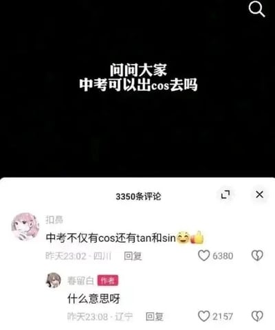 这是一张社交媒体截图，上方黑色背景配白色文字，内容为用户提问：“问问大家 中考可以出cos去吗”，这里的cos指的是cosplay（角色扮演）的缩写。下方是评论区互动，用户“扣鼻”回复“中考不仅有cos还有tan和sin😆👍”，这条评论获得6380个赞，该回复玩了双关梗，将提问里的cosplay缩写cos，和数学里的三角函数cos（余弦）、sin（正弦）、tan（正切）混淆，调侃中考数学会涉及这些三角函数知识点，而非指中考允许cosplay。提问作者“春留白”没理解这个梗，回复“什么意思呀”，该回复获得2157个赞。