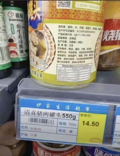 这是一张超市货架的实拍图，货架上层摆放着一罐净含量550克的猪肉罐头，罐头配料表明确标注首位原料为猪肉；罐头下方的蓝色价签来自伊家生活超市，价签上出现了违背常识的错误标注，将猪肉罐头标注为「清真猪肉罐头」，售价为14.5元，由于清真食品的定义是不含猪肉相关成分，这个标注属于非常明显的失误，具有搞笑效果。