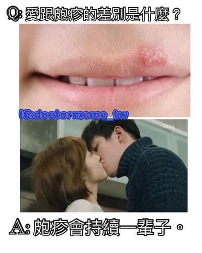 这是一张双 panel 对比梗图，通过幽默方式对比爱情和疱疹的区别。上半部分是嘴唇上有明显疱疹的特写照片，下半部分是一对情侣正在接吻的电视剧截图。图片上方提出问题："爱跟疱疹的差别是什么？"，下方给出答案："疱疹会持续一辈子。" 利用双关和黑色幽默暗示爱情可能短暂而疱疹（作为一种终身性病毒感染）会伴随一生。