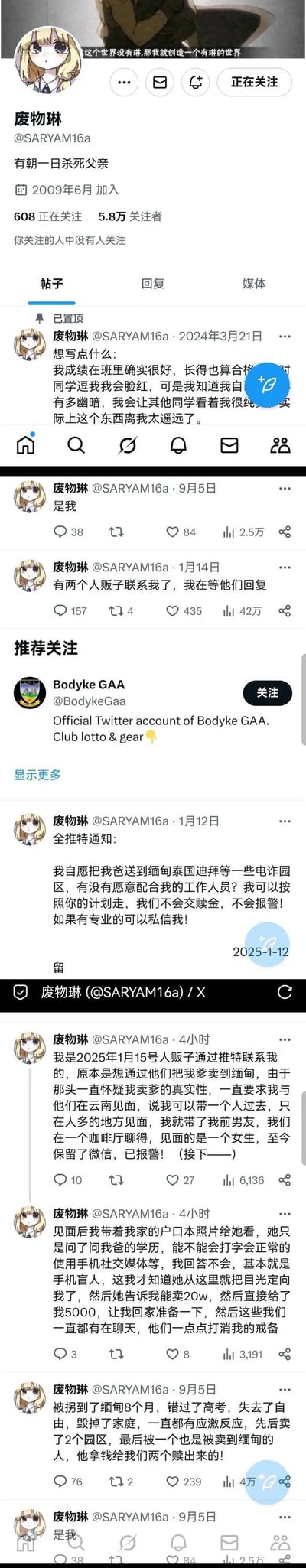 这是X（原推特）用户@SARYAM16a（昵称废物琳）的主页截图，用户简介为'有朝一日杀死父亲'，发布了一系列充满极端情绪与特殊经历的帖子：置顶帖自述成绩好、外表单纯但内心幽暗；还发布了联系人人贩子想把父亲卖到缅甸等电诈园区的内容，后续更新与人贩子见面的细节并表示已报警；同时自述曾被拐到缅甸8个月，错过高考、失去自由，最后被他人赎出的悲惨经历，整体内容情绪压抑，充满对父亲的强烈恨意与自身遭遇的痛苦倾诉。