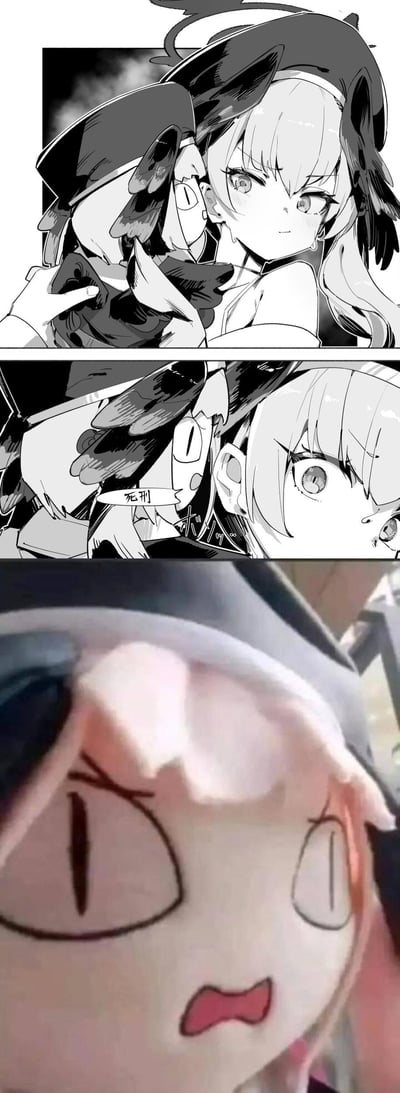 三格黑白动漫风格漫画，展现了一个戴帽子的少女从整理羽毛装饰，到感到无聊的情绪变化，最后镜头转向一个表情惊讶的毛绒玩具。画面线条细腻，人物表情生动，通过简单的构图传达出日常的慵懒氛围。