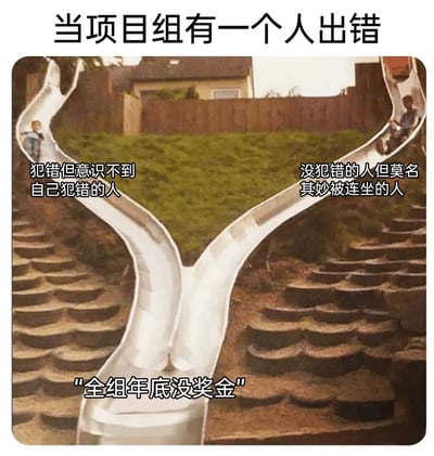 这是一张针对职场项目组奖惩机制的吐槽梗图，以Y型滑梯的场景为载体进行类比：顶部标注核心主题“当项目组有一个人出错”，左侧滑梯上的儿童对应“犯错但意识不到自己犯错的人”，右侧滑梯上的儿童对应“没犯错的人但莫名其妙被连坐的人”，两条滑梯最终汇合，指向底部的标注“全组年底没奖金”。该图通过形象的视觉比喻，生动呈现了职场中因个体失误导致全组利益受损、无辜成员被牵连的无奈现状，精准戳中职场人的共鸣点，属于典型的职场类吐槽内容。