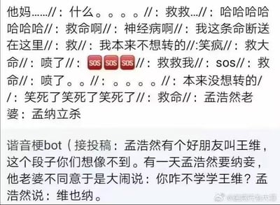 图片上方是密集的网友夸张评论集合，包含“救命啊”“SOS”“笑疯”“喷了”等大量表达强烈情绪的短句，呈现出爆笑到崩溃的氛围；下方为“谐音梗bot”发布的投稿段子：唐代诗人孟浩然欲纳妾，妻子愤怒质问“你咋不学学好友王维？”，孟浩然答“维也纳”。核心笑点在于谐音双关——“学王维”的发音被故意曲解为“维也纳”，形成历史人物与现代地名的荒诞联想，引发评论区的爆笑反应。