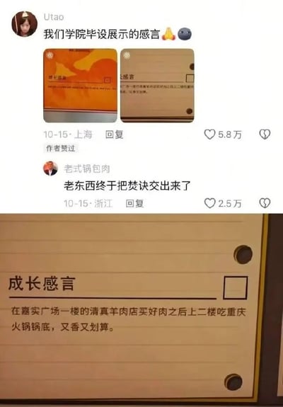 这是一张社交媒体内容截图，上方是用户Utao发布的动态，配文称两张卡片是其学院毕设展示的感言，该动态获得5.8万点赞；下方是网友“老式锅包肉”的评论“老东西终于把焚诀交出来了”，获得2.5万点赞；最下方放大展示了名为“成长感言”的卡片具体内容，本该填写毕设相关感悟的位置，却写了毫不相关的美食攻略：“在嘉实广场一楼的清真羊肉店买好肉之后上二楼吃重庆火锅锅底，又香又划算”，内容和标题的强烈反差产生了十足的搞笑效果，网友的评论还玩了《斗破苍穹》中稀有功法焚诀的梗，将这份美食攻略比作珍贵的秘籍，进一步放大了趣味性。