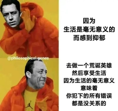 这是一张上下对比的P图改编趣味梗图，底图采用篮球明星迈克尔·乔丹的经典摊手动作图片，通过替换人脸并搭配对应文字，展现了两种面对“生活无意义”的截然不同的态度。上图人物神情沮丧，手抬起贴近脸部，配文传递出被生活的无意义感裹挟的消极抑郁情绪；下图将人脸替换为荒诞哲学代表人物阿尔贝·加缪的脸，人物手摊开，神情带点释然，配文结合加缪的荒诞哲学观点，给出了积极的应对方式：承认生活的荒诞性，成为“荒诞英雄”，接纳自身的错误，享受当下生活。图片左下角带有Instagram账号@philosophical.genes的水印，整体以幽默的P图形式解构严肃的哲学议题，让哲学观点更接地气。