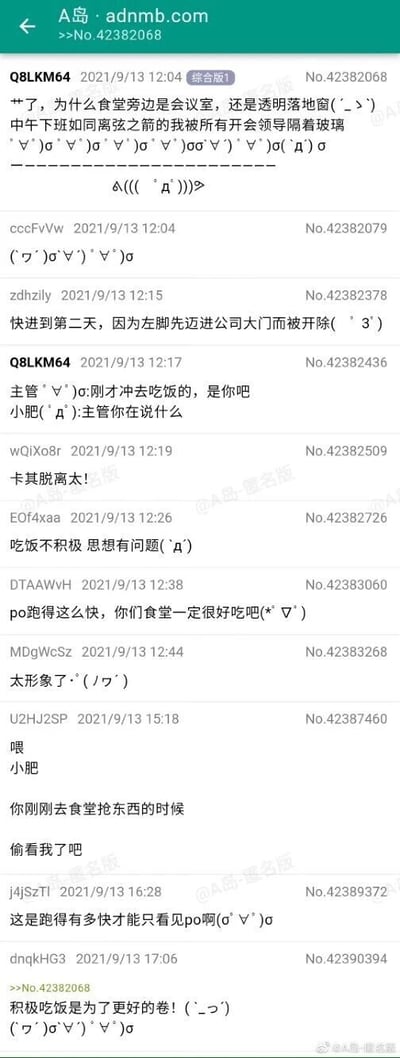 这是A岛匿名论坛上的一则职场相关趣味讨论帖，楼主Q8LKM64吐槽自己公司的食堂紧邻带透明落地窗的会议室，中午下班时自己像离弦之箭一样冲向食堂的模样，被正在开会的所有领导透过玻璃窗全程看到，并用一连串颜文字表达了自己社死又无奈的心情。后续楼内的匿名网友们围绕楼主的社死经历展开玩梗互动：有的调侃楼主跑得太快只留下残影，有的编出“因左脚先进公司被开除”的离谱段子，还有人用“小肥”的称呼调侃楼主，编造出“抢饭时偷看”的玩笑话，最后还有网友以“积极吃饭是为了更好地工作”的观点自嘲，整个帖子充满了职场打工人的搞笑自嘲氛围，大量颜文字的使用也增强了内容的趣味性与情绪表达。