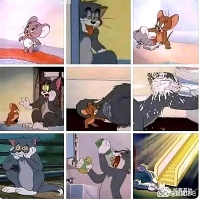 这是一组由经典动画《猫和老鼠》的片段拼接而成的九宫格表情包，完整呈现了汤姆被杰瑞和小灰鼠泰菲捉弄的一系列倒霉瞬间：从泰菲搞怪挑衅、汤姆坏笑，到杰瑞出手制止泰菲，随后汤姆开始遭遇各种倒霉事——看到杰瑞后大惊失色，被杰瑞薅毛，被冰水浇头，最终崩溃抱头、疯狂灌药，最后滚下楼梯。整个画面充满搞笑的反差感，生动展现了汤姆的悲催处境，常被用来表达自己或他人的倒霉、无奈情绪。