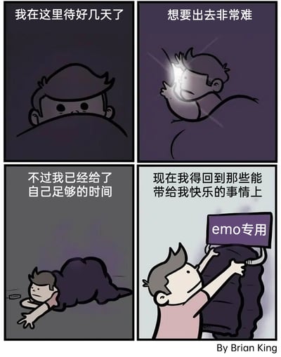 这是一组经过二次创作的四格卡通漫画，以幽默自嘲的方式展现当代年轻人的emo情绪文化：第一格中，卡通男子躲在黑暗的被子里，配文「我在这里待好几天了」，呈现出封闭低落的情绪状态；第二格男子在黑暗中伸手摸索，配文「想要出去非常难」，表现出在情绪低谷中挣扎的无力感；第三格男子趴在地上，终于从黑暗区域爬出，配文「不过我已经给了自己足够的时间」，仿佛完成了自我情绪疏导；第四格画面转为明亮，男子笑着抱住一块标有「emo专用」的屏幕，配文「现在我得回到那些能带给我快乐的事情上」，用反讽的手法，将原本的「回归积极快乐」反转成「回归emo状态」，精准戳中当下年轻人把emo当作一种专属情绪享受的心态，用幽默的方式消解情绪低落的沉重感。