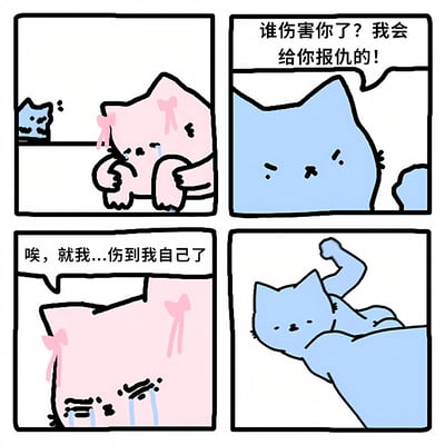 这是一张四格漫画，描绘了两只卡通猫的互动。第一格中，戴着蝴蝶结的粉色小猫正在哭泣，蓝色小猫在远处看着。第二格中，蓝色小猫表情严肃地问："谁伤害你了？我会给你报仇的！"。第三格中，粉色小猫低着头，流着泪说："唉，就我...伤到我自己了"。第四格中，蓝色小猫无奈地捂脸倒下。整个漫画通过朋友间的关心与随后的无奈，展现了一个因自己不小心受伤而引发的搞笑场景。