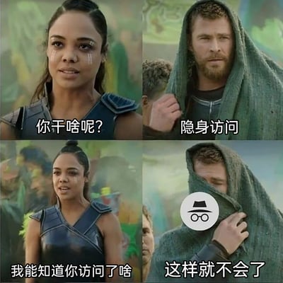 这是一张改编自漫威电影《雷神3：诸神黄昏》的四格搞笑梗图，通过瓦尔基里与雷神托尔的互动场景，调侃了社交平台中用户隐身访问他人主页的行为：雷神用布遮挡自己表示“隐身访问”，瓦尔基里指出“我能知道你访问了啥”，雷神便将自己遮得更严实还加上匿名头像图标，配文“这样就不会了”，精准戳中了很多人偷偷访问他人社交主页、试图隐藏却发现被识破的小尴尬，充满生活化的趣味。