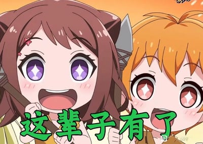 图中是《公主连结！Re:Dive 小小甜心》里的璃乃和日和莉的Q版形象，两个角色眼睛里带着闪亮的星星，大张嘴巴露出狂喜的表情，配文“这辈子有了”，生动地表达出人们在获得极度渴望的事物时，那种兴奋到极致、心满意足的心情，没有双关或谐音梗。