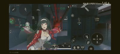 这是一张游戏视频截图，画面将《少女前线2：追放》的二次元角色黛烟叠加在《暗区突围》移动端的据点对战界面之上，呈现出角色“乱入”射击战场的趣味效果。界面显示暗区突围的据点争夺模式，双方阵营比分179:175，当前对局时间13:45，玩家处于C点区域，界面包含射击游戏的操作按钮、小地图、队友位置信息、1.25倍瞄准标识、弹药数等完整UI元素。图中无谐音梗、双关或暗示内容。